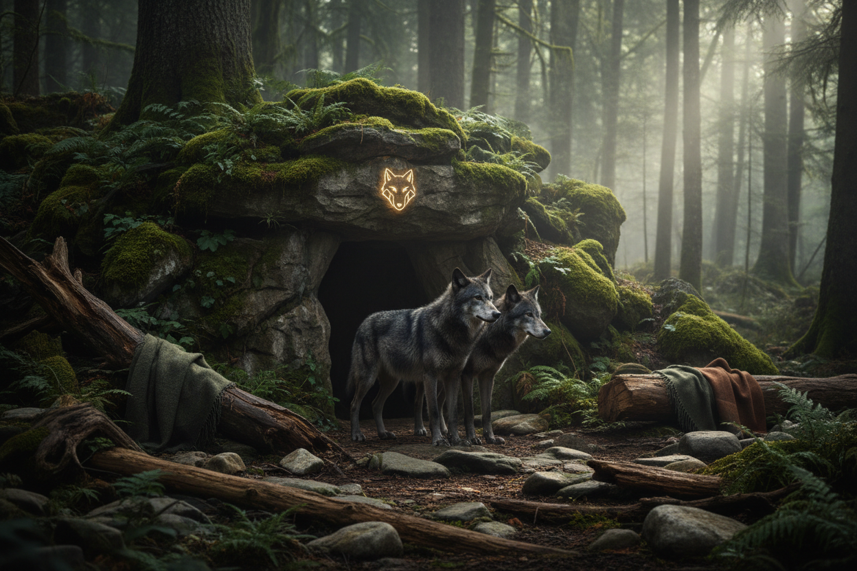 generate an image of a wolf den according to my theme for other products